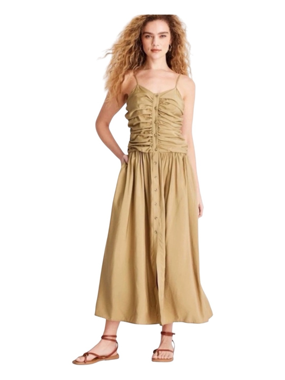 Future Collective NWT Ruched Button Front Maxi Dress Tan Khaki Medium